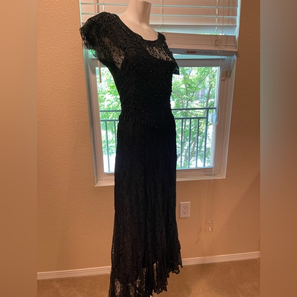 VTG  Y2K JASMINE BY KVM  Black Lace sheer Gothic Maxi Dress Beaded Trim Flapper - Picture 14 of 17